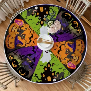 Halloween round tablecloth featuring spooky pumpkin and black cat tabletop decor