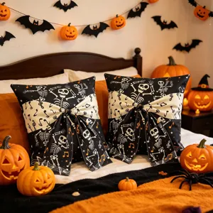 Federa per cuscino stampata teschio di Halloween cuscino quadrato decorativo con fiocco.