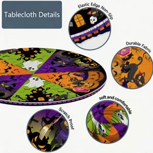 Halloween round tablecloth detail showing elastic non-slip edge, durable and scratch-proof.