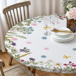 Runde Tischdecke mit botanischem Blumenmuster und elastischem Rand für die Heimdekoration.