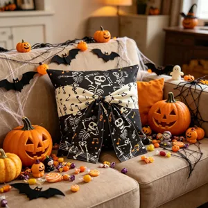 Fodera per cuscino Halloween scheletro con decoro a fiocco per divano soggiorno