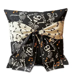 Federa per cuscino Halloween scheletro con fiocco decorativo quadrato in poliestere morbido