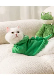 Cute dinosaur pet hoodie for cats and dogs, cozy green fleece sweatshirt with funny dorsal fins.