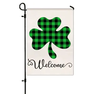 St. Patrick's Day garden flag with green buffalo plaid clover and welcome text design.