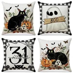 Halloween Black Cat Ghost Pillow Cover Pumpkin Decorative Cushion Case Polyester Square Throw Pillow Protector