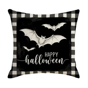 Halloween throw pillow cover with buffalo plaid and watercolor bats design for home decor.