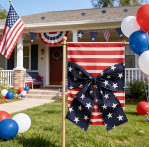 Bandiera da giardino del Giorno dell'Indipendenza americana con strisce e fiocco.