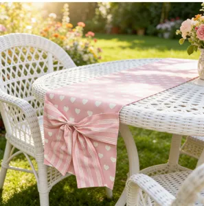 Detailansicht eines charmanten rosa Tischläufers mit weißen Herzen und gestreifter Schleife.