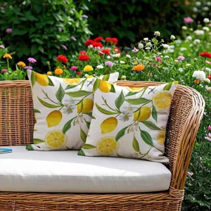 Détail de scène de jardin avec des housses de coussin à motif citron sur un beau banc.