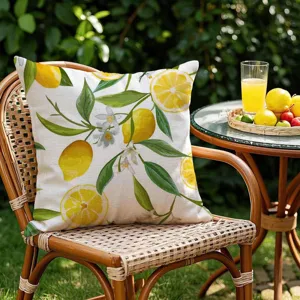 Housse de coussin d'extérieur imperméable en polyester avec motif de citron et feuilles.