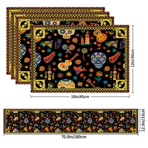 Halloween Day of the Dead placemat table runner set festive skull floral print decor