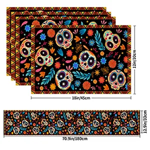 Halloween table runner and placemats set with colorful sugar skull floral print for party decor.