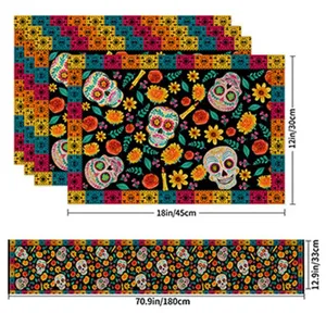 Halloween Day of the Dead placemat and table runner set with colorful skull floral prints.