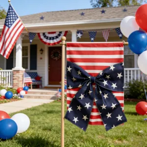 Bandiera da giardino del Giorno dell'Indipendenza americana con strisce e fiocco.
