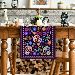 Halloween Table Runner And Placemat Set Day Of The Dead Skull Floral Print Linen Dining Table Decoration Party Supplies
