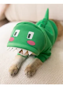 Cute green dinosaur pet hoodie detail, soft velvet cat and dog costume, cute pet apparel.