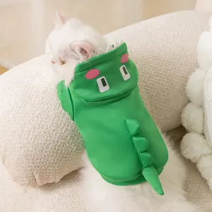 Cute green dinosaur pet hoodie for cats and small dogs, warm fleece costume for autumn winter.