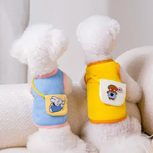 Zomer schattig puppy vest met mini tasje, zoete cartoon dier borduurwerk huisdier kleding voor honden.