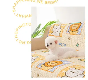 Pet sofa mat detail showing soft quilted fabric with cute cartoon bear and lion prints for pets.
