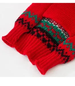 Close-up detail of red Christmas dog sweater featuring classic green and black knitted patterns.
