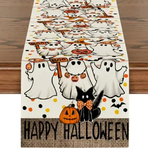 Halloween table runner, festive pumpkin and cute ghost design, perfect holiday home decor.
