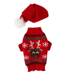 Christmas reindeer dog sweater set, cute red pet knit clothes with matching winter scarf for dogs.