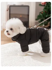 Detailed view of black four-legged down dog jacket with built-in leash for small dogs warm winter.