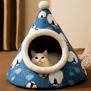 Accogliente tenda letto per gatti domestici blu teepee caldo invernale per animali