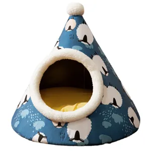 Accogliente letto a tenda chiuso per animali domestici, calda grotta in peluche per gatti.