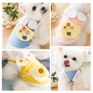 Lente zomer dunne puppy vest met bloemkraag en schattige zonnebloemzak voor katten en honden.