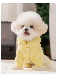 Detailed view of the warm yellow four-leg down jacket for small dogs like Bichon and Poodle.