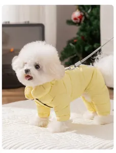 Close-up of a yellow four-leg padded dog winter jumpsuit for small pets, warm and cozy.