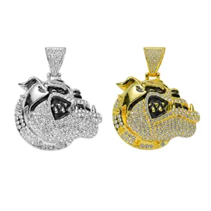 Hip hop iced out bulldog head pendants in gold and silver colors with rhinestones
