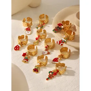 Christmas gold stainless steel rings with cute Santa reindeer charms jewelry set for women.
