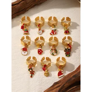 Christmas 18k gold stainless steel adjustable rings set with cute holiday enamel charms.