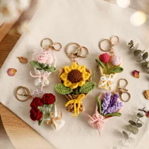 Handmade Knitted Flower Bouquet Bag Charm Crochet Wool Yarn Keychain Creative Handcrafted Hanging Ornament