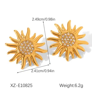 Rhinestone sunflower earrings detailed shot, gold stainless steel stud jewelry for women.