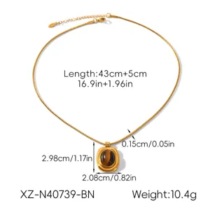 Stainless steel gold-plated necklace with oval natural stone pendant, 43cm length with extension.