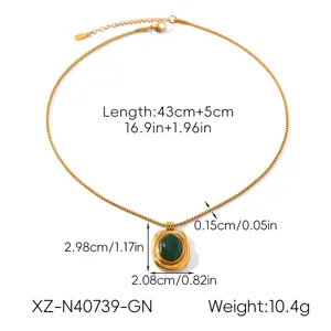 Gold stainless steel necklace with green stone pendant, fashion pendant jewelry for women.