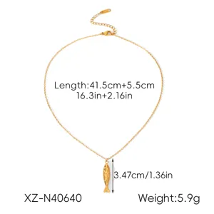 Gold stainless steel fish pendant necklace with extension chain, elegant daily jewelry accessory.