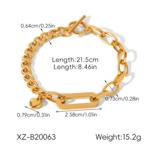 Stainless steel gold Cuban link charm bracelet with heart pendant, detailed size specs 21.5cm