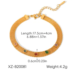 18k gold stainless steel multi-strand mesh chain bracelet with colorful crystal stones for women