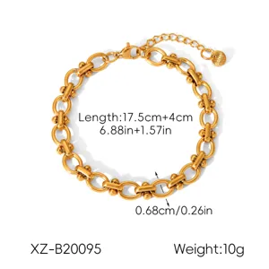 Gold stainless steel link chain bracelet detail view showing length, width and weight specs.