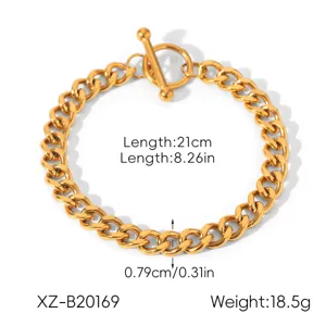 Gold stainless steel Cuban link chain bracelet detail view showing T-bar clasp and dimensions.