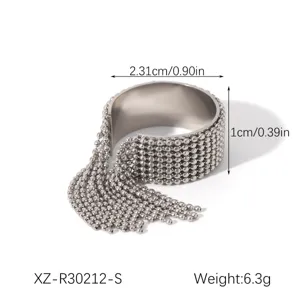 Stainless steel wide open ring bracelet with bead tassel design, lightweight and stylish.
