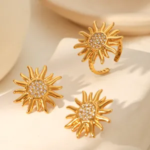 Gold stainless steel sun flower ring and rhinestone earrings set for chic daily fashion style.