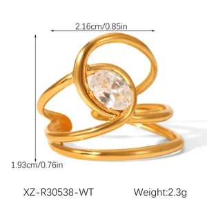 Gold plated titanium steel ring with oval zircon, elegant minimalist design for women jewelry.