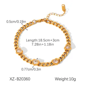 Détail de bracelet en acier inoxydable doré avec cœur et zirconies, dimensions.