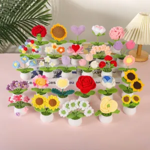 Handmade Crochet Wool Potted Plant Cute Knitted Flower Desk Ornament Home Decor Crochet Plant Desktop Gift
