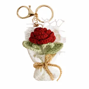 Handmade crochet flower bouquet keychain cute knitted rose bag charm gift accessory